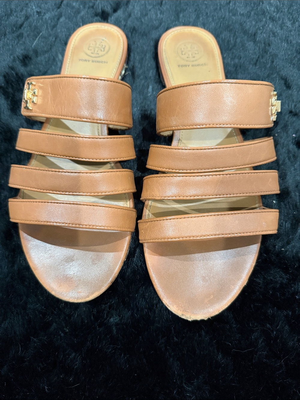 Tory Burch Cognac Leather Multi-Strap Slide Sandals